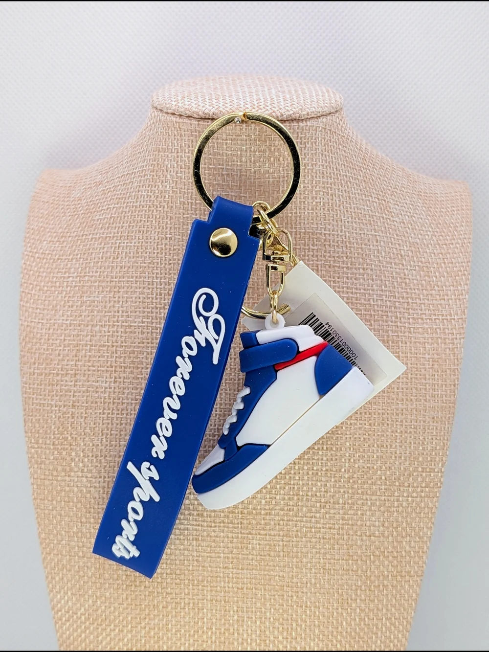 Blue & White Sneaker Keychain Bag Charm With Gold Tone Hardware